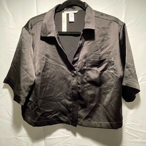 Victoria's Secret Black Satin Button Down Cropped Shirt